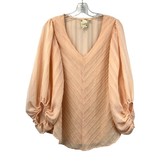 Blu Pepper Women’s Textured Top Puff Sleeves V-Neck Pink Peach Size XS - Picture 1 of 9